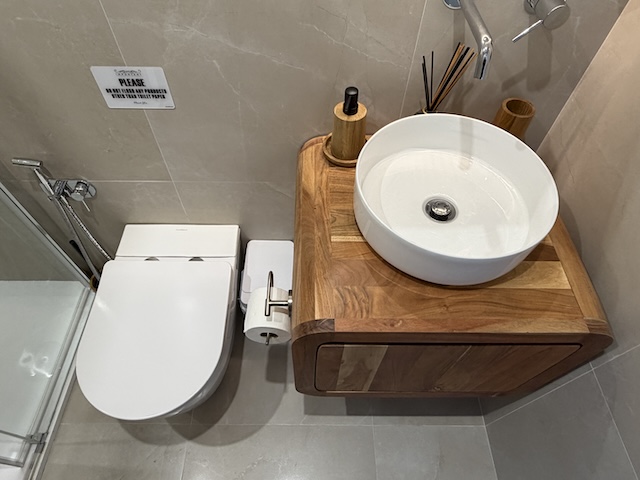 Vista completa del baño pequeño con ducha de mampara, inodoro y lavabo sobre mueble de madera.