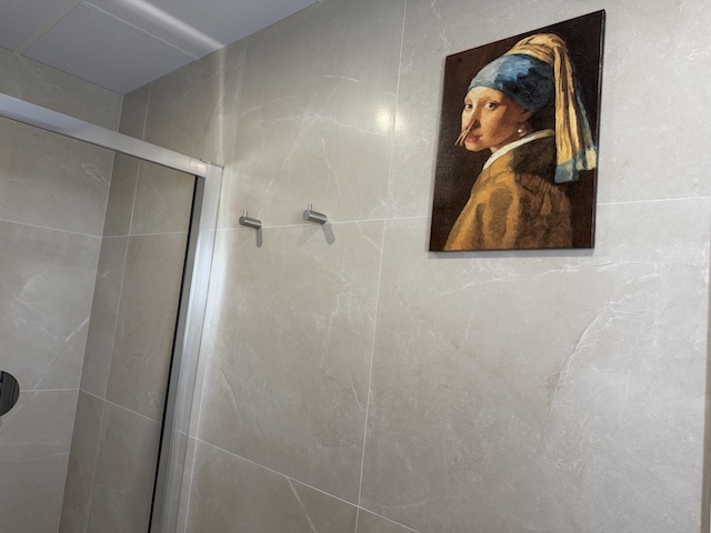 Detalle decorativo del baño principal con cuadro en pared de cerámica en tonos neutros.