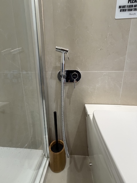 Ducha higiénica tipo bidé (manguerita) instalada junto al inodoro en baño pequeño.