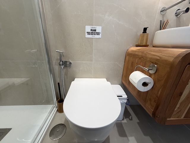 Inodoro moderno en baño pequeño junto a la mampara de la ducha y mueble de madera suspendido.