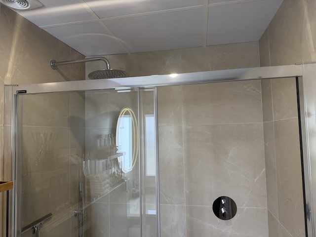 Detalle superior de la mampara de cristal de la ducha con rociador al fondo.