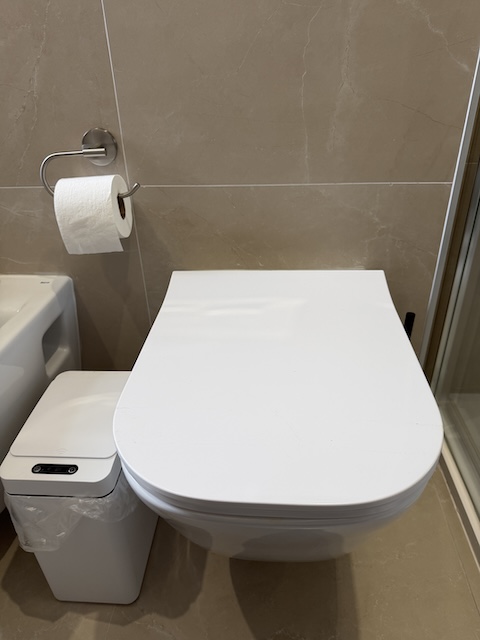 WC de diseño minimalista en baño principal con pared cerámica en tonos neutros.